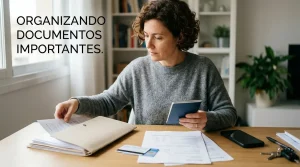Pessoa a organizar documentos e um telemóvel sobre uma secretária num ambiente doméstico