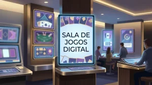 Ecrãs abstratos com cartas, rolos estilizados e mesa digital num ambiente de casino contemporâneo