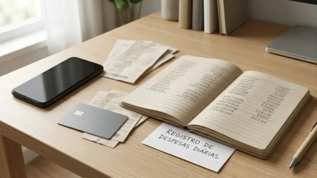Telemóvel, cartão neutro e recibos sobre uma mesa junto a um caderno com números abstratos