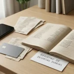 Telemóvel, cartão neutro e recibos sobre uma mesa junto a um caderno com números abstratos