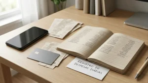 Telemóvel, cartão neutro e recibos sobre uma mesa junto a um caderno com números abstratos