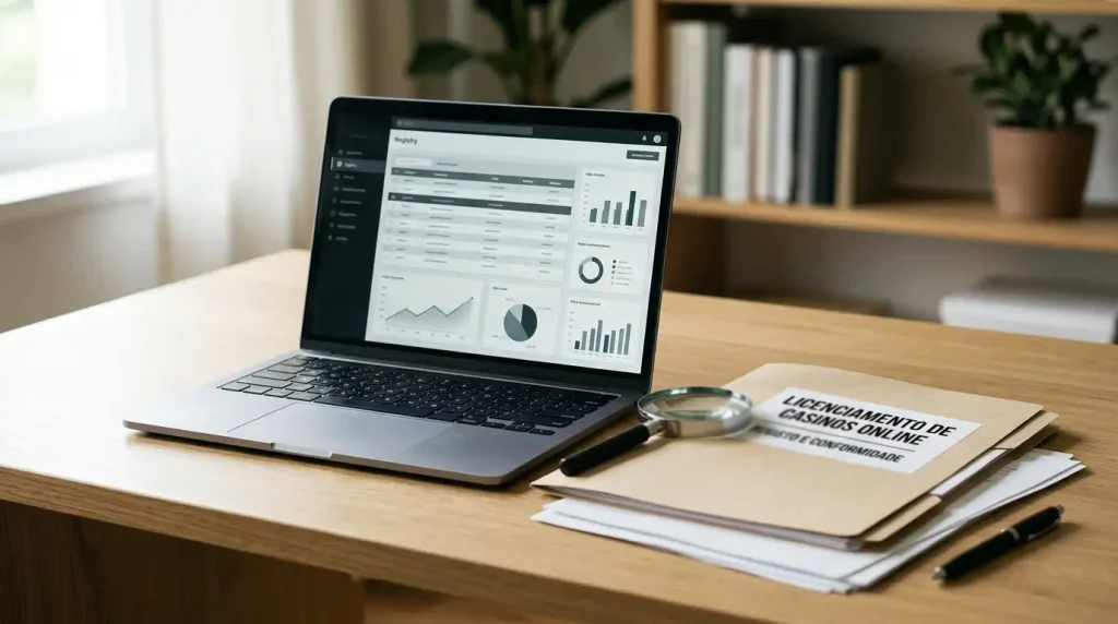 Documentos, portátil e lupa sobre uma secretária num contexto de consulta regulatória