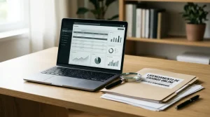 Documentos, portátil e lupa sobre uma secretária num contexto de consulta regulatória