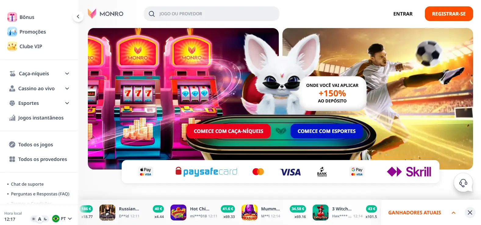 Captura de ecrã da página inicial oficial do MONRO Casino com a navegação principal e a área inicial visíveis