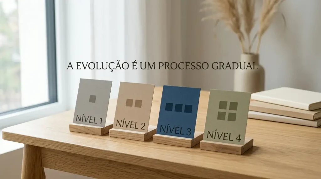 Quatro cartões abstratos dispostos em níveis sobre uma mesa com pequenos marcadores geométricos